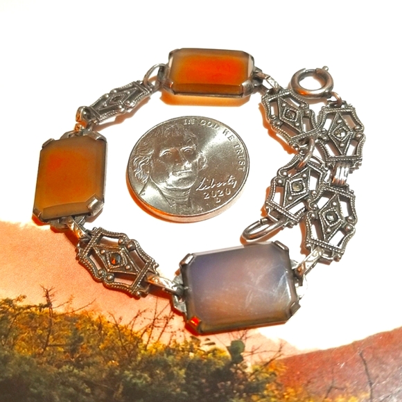 Antique Art Deco Sterling Taupe Camphor Glass Bracelet - Picture 7 of 7